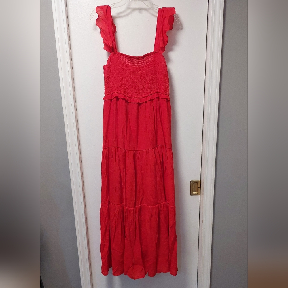 NANETTE LEPORE Ruffle Strap Smocked Red Maxi Dress